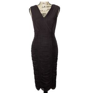 Tadashi Shoji black sleeveless ruffle bodycon evening silk dress V-Neck Sz 14